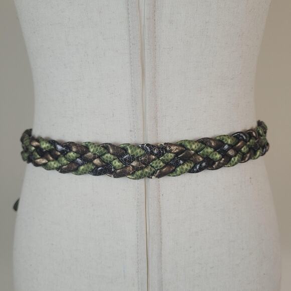VTG Green Brown Leather Belt XL Braided Snake Print Gold Tone Buckle Colorful main image 6